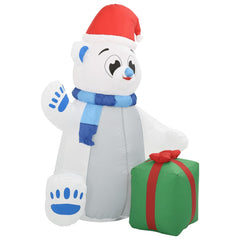 6ft inflatable polar bear wearing a hat and scarf, illuminated by multicolor LED lights.
