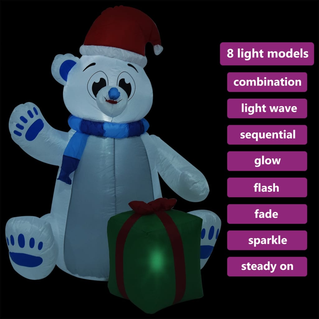 6ft inflatable polar bear with LED lights, hat, scarf, and gift box for outdoor decor.