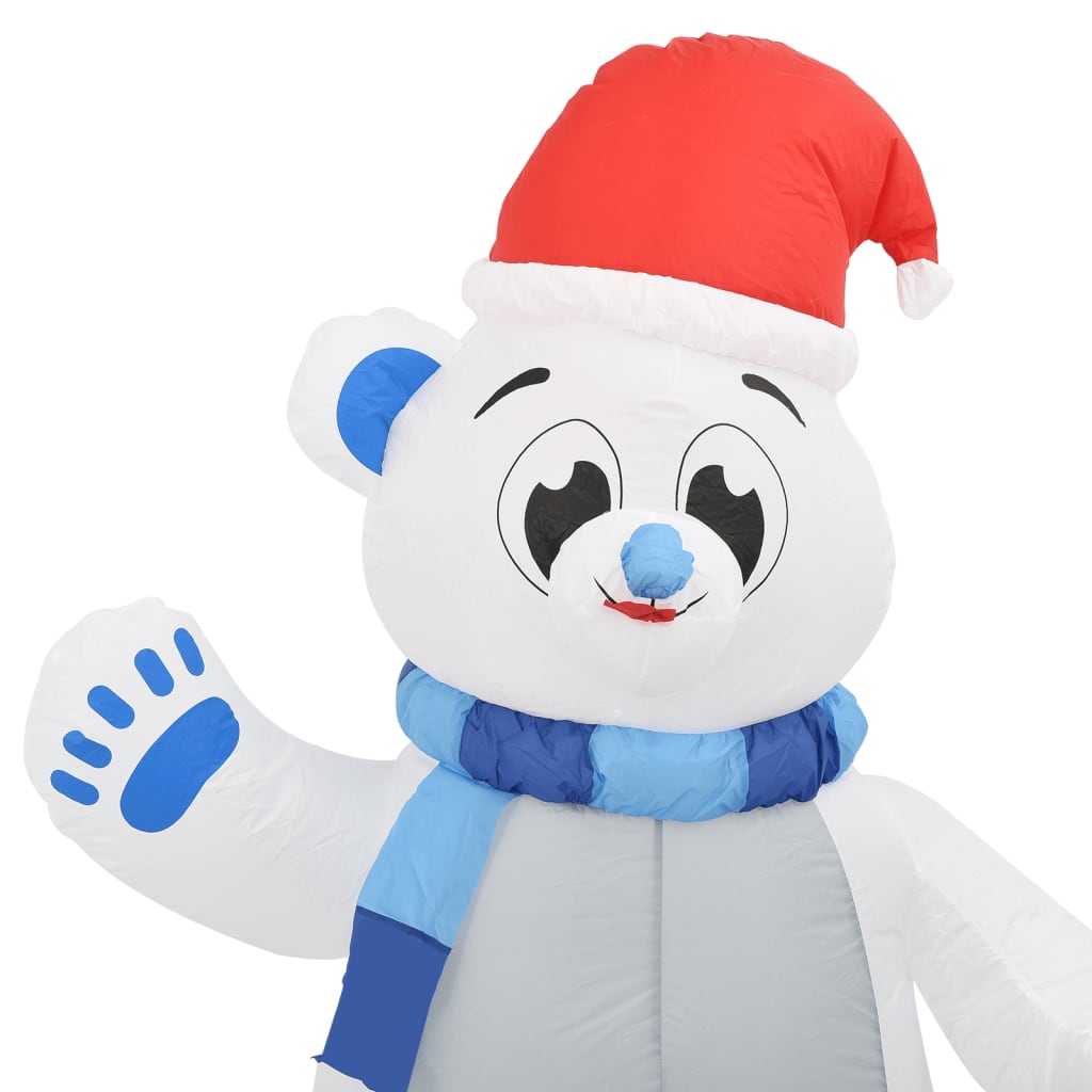 6ft inflatable polar bear wearing a hat and scarf with LED lights for outdoor holiday decor.