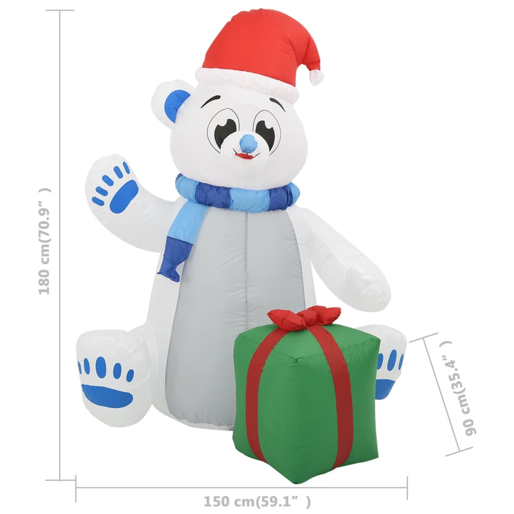 A 6ft inflatable polar bear wearing a hat and scarf, illuminated by energy-saving LED lights.