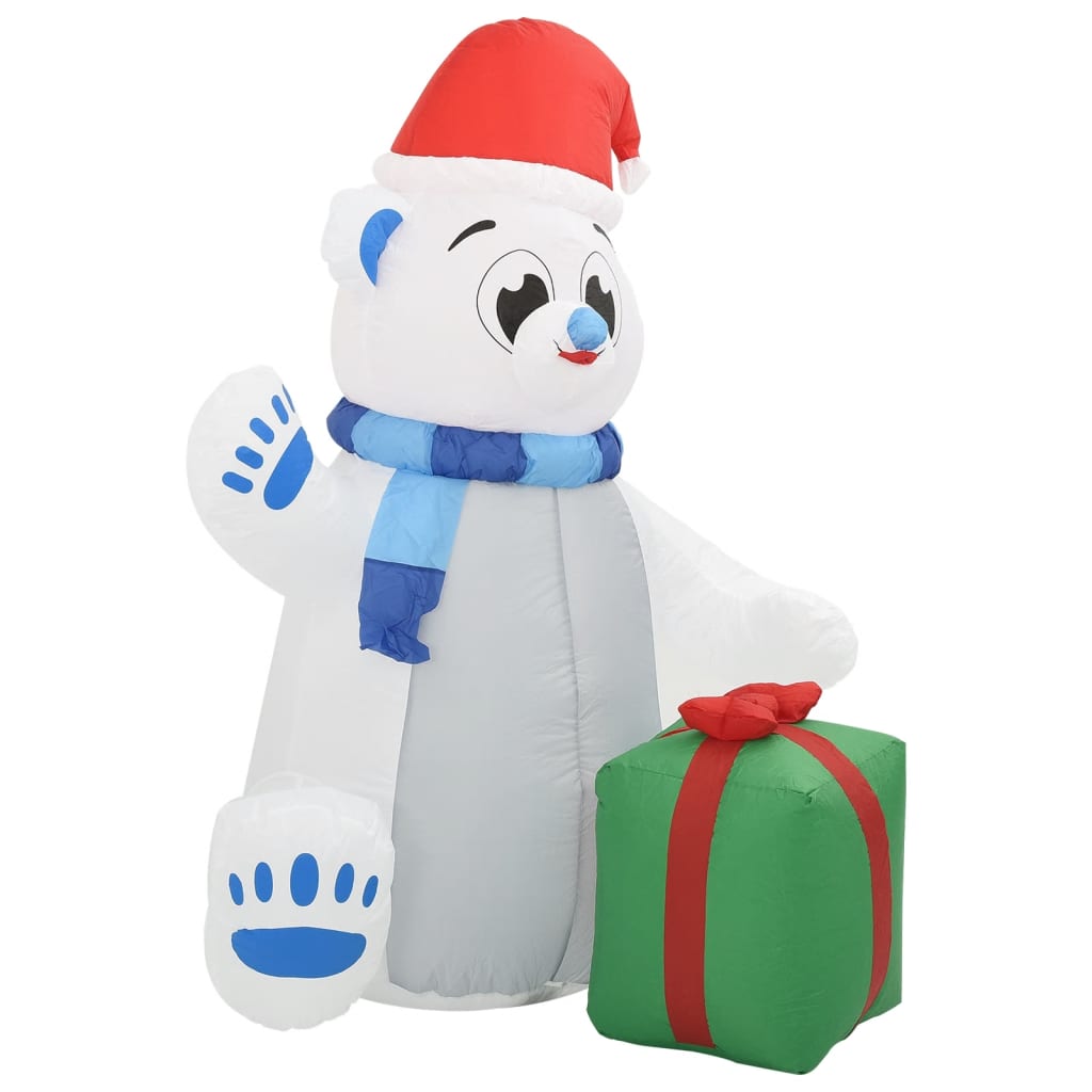 8ft inflatable polar bear wearing a hat and scarf, illuminated with energy-saving LED lights.