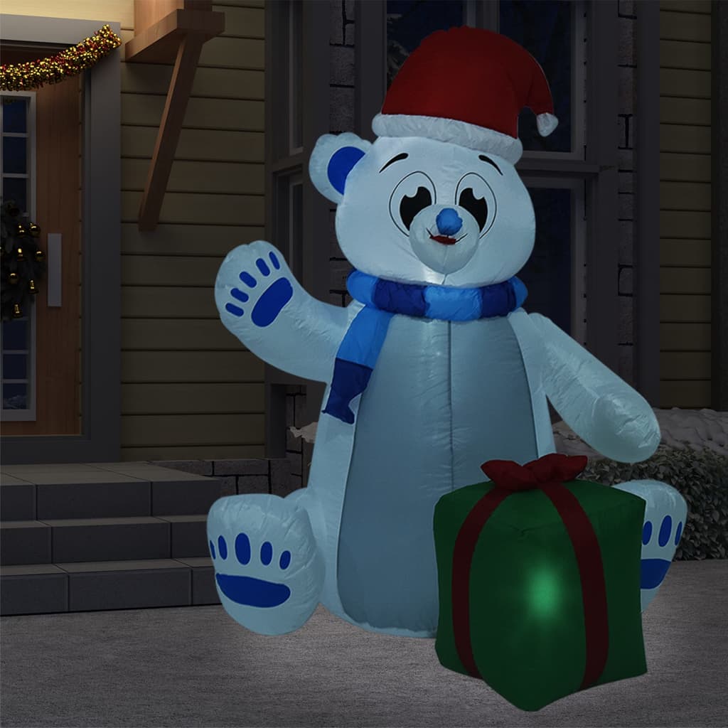8ft inflatable polar bear wearing a hat and scarf with LED lights for outdoor holiday decor.