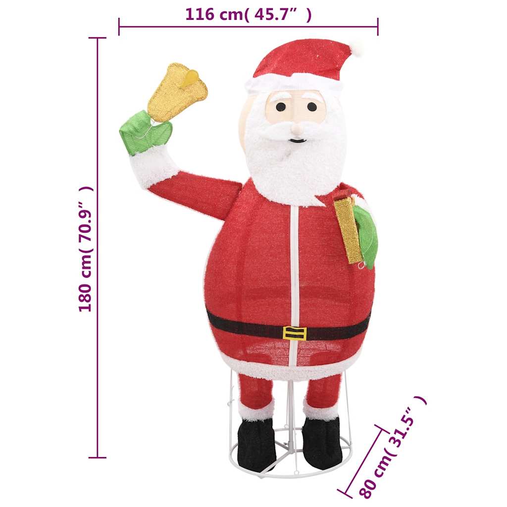 6ft LED Santa Claus figure in red fabric with warm white lights, holding a bell, dimensions shown.