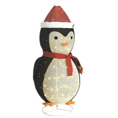 A 6ft LED-lit fabric snow penguin figure wearing a red Santa hat and scarf, on a white metal stand.