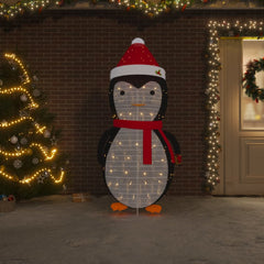 6ft LED snow penguin figure with red hat, scarf, and lights on fabric.