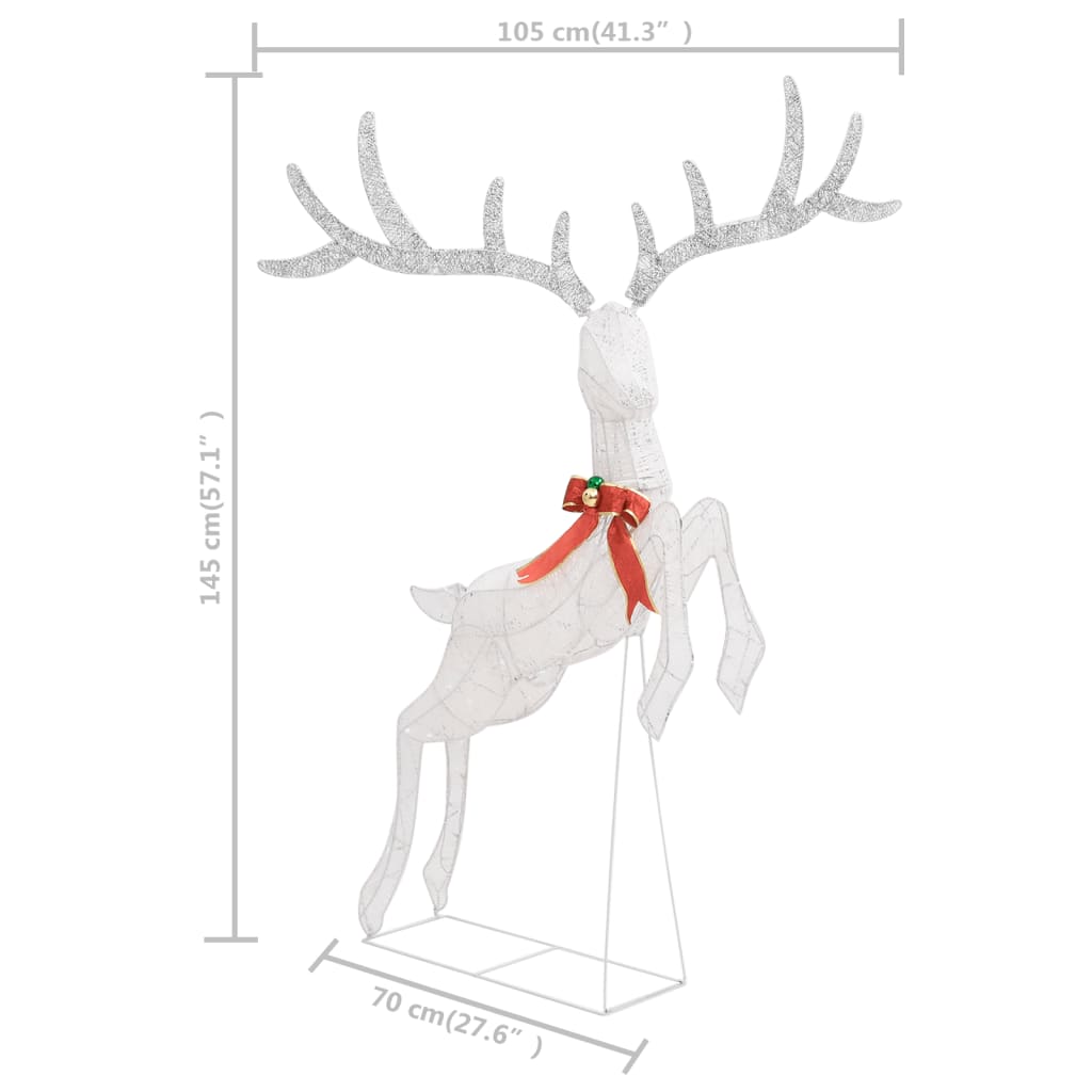 A white flying reindeer Christmas decoration with silver antlers and a red bow, measuring 145 cm tall.