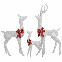 White silver LED-lit reindeer family decoration with red bows, featuring 201 lights.