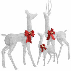White wireframe reindeer family with red bows and 201 silver LEDs for Christmas decoration.