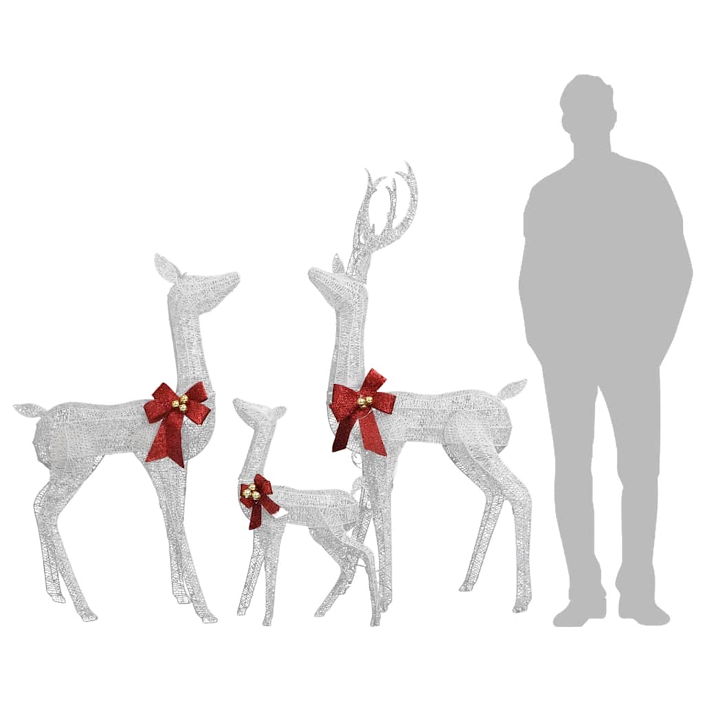 White silver LED-lit reindeer family decoration with red bows, shown with adult height.