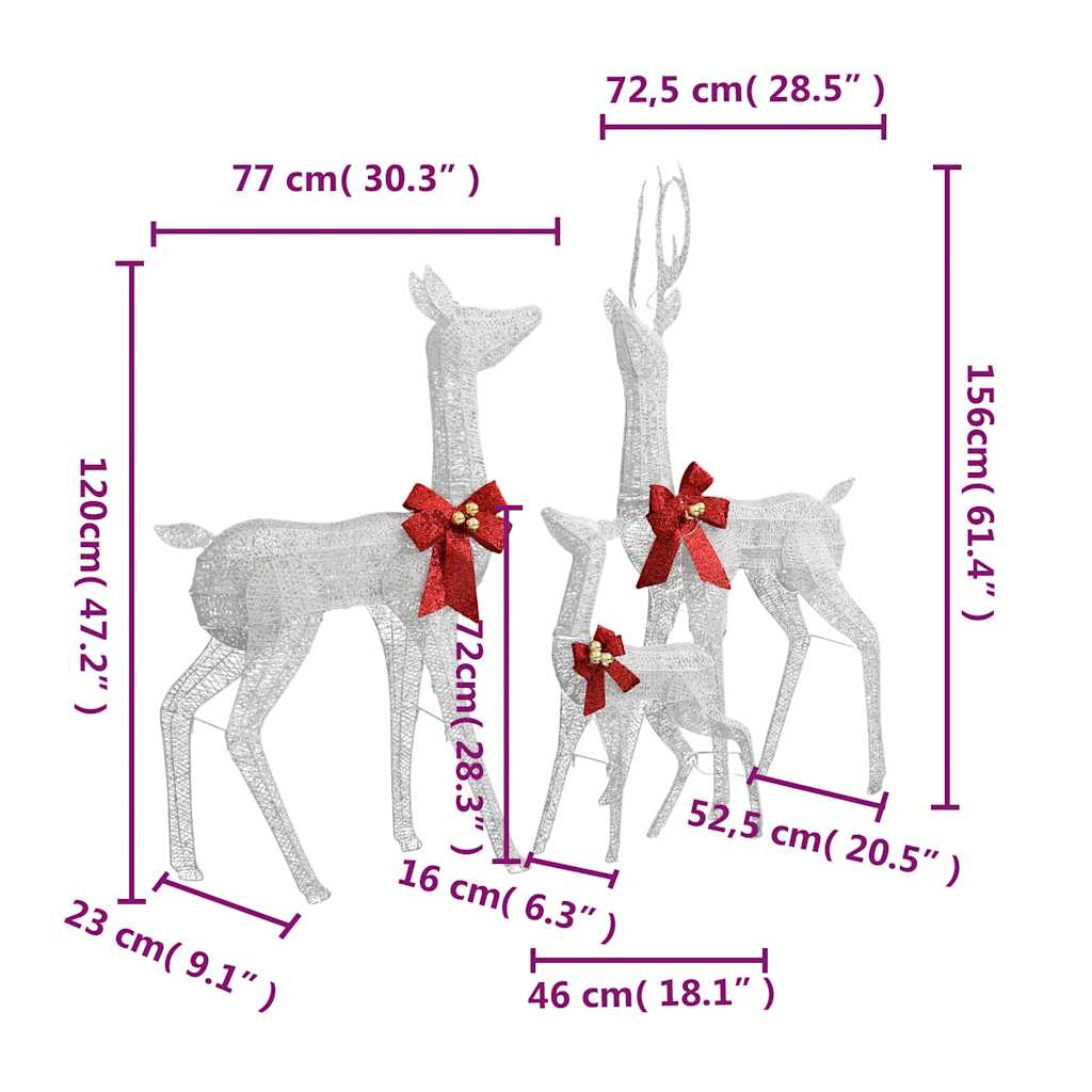 White silver LED-lit reindeer family Christmas decoration with dimensions and red bows.