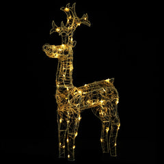 A standing reindeer decoration with 90 warm white LED lights and durable acrylic construction.