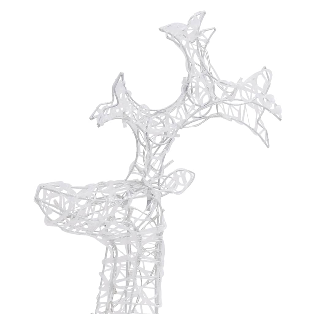 A pre-lit standing reindeer decoration with 90 warm white LED lights and durable acrylic design.
