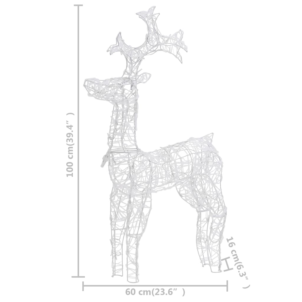 Pre-lit standing reindeer decoration with 90 warm white LED lights and durable acrylic design.