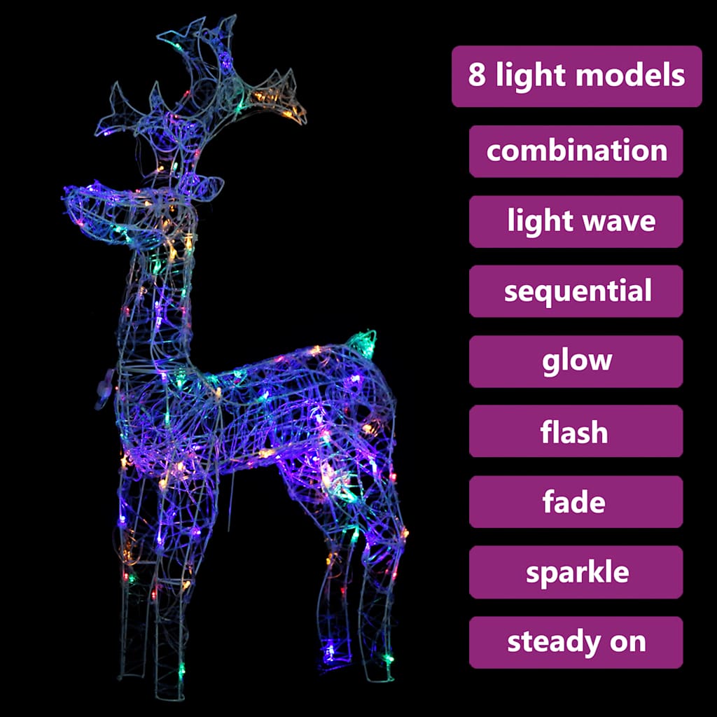 A standing reindeer decoration made of acrylic with 90 colorful LED lights for outdoor use.