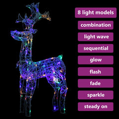 A standing reindeer decoration made of acrylic with 90 colorful LED lights for outdoor use.