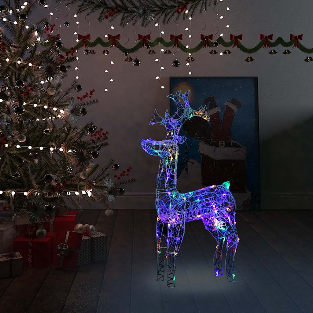 A standing reindeer decoration made of acrylic with 90 colorful LED lights for outdoor use.
