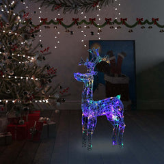 A standing reindeer decoration made of acrylic with 90 colorful LED lights for outdoor use.