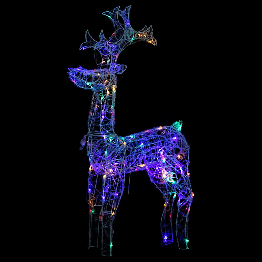 A standing reindeer decoration made of acrylic with 90 colorful LED lights for outdoor use.