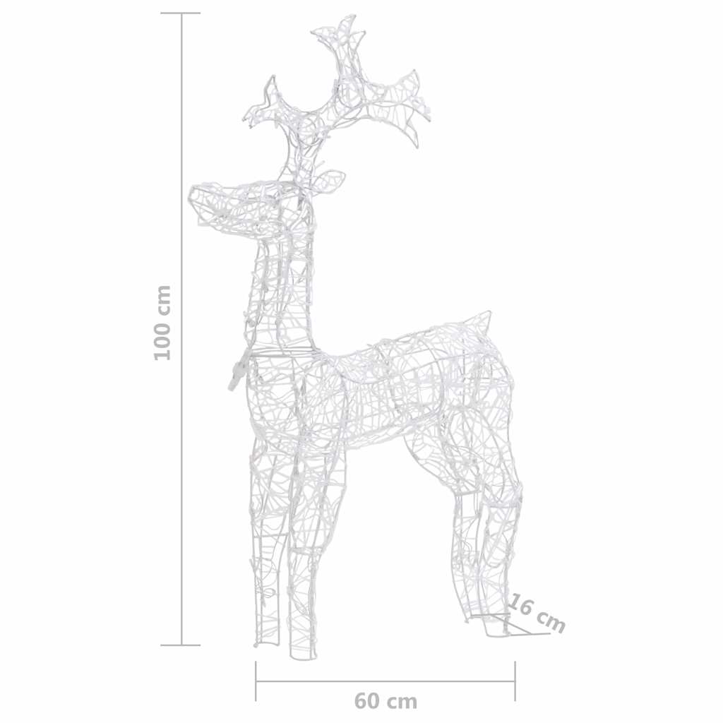 A standing reindeer decoration made of acrylic with 90 colorful LED lights for outdoor use.