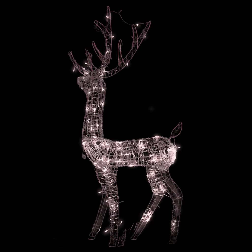 A 4ft acrylic reindeer decoration illuminated by 140 warm white LEDs for indoor or outdoor use.