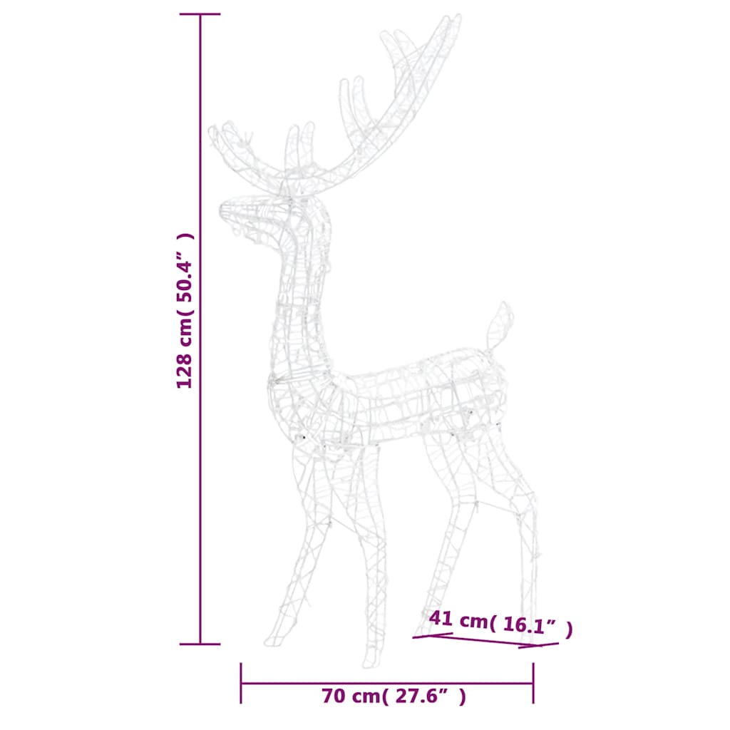 A 4ft acrylic reindeer decoration illuminated by 140 warm white LEDs for indoor or outdoor use.