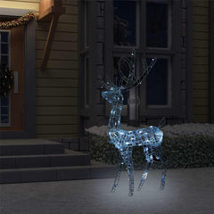 A 4ft blue acrylic reindeer Christmas decoration with 140 cold white LEDs on a snowy porch.