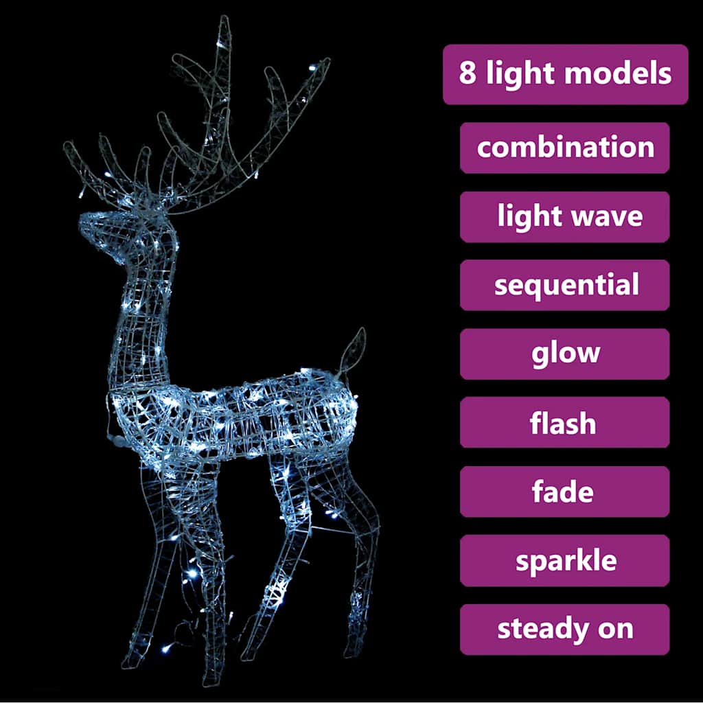 4ft acrylic reindeer Christmas decoration with 140 cold white LEDs and 8 lighting modes.