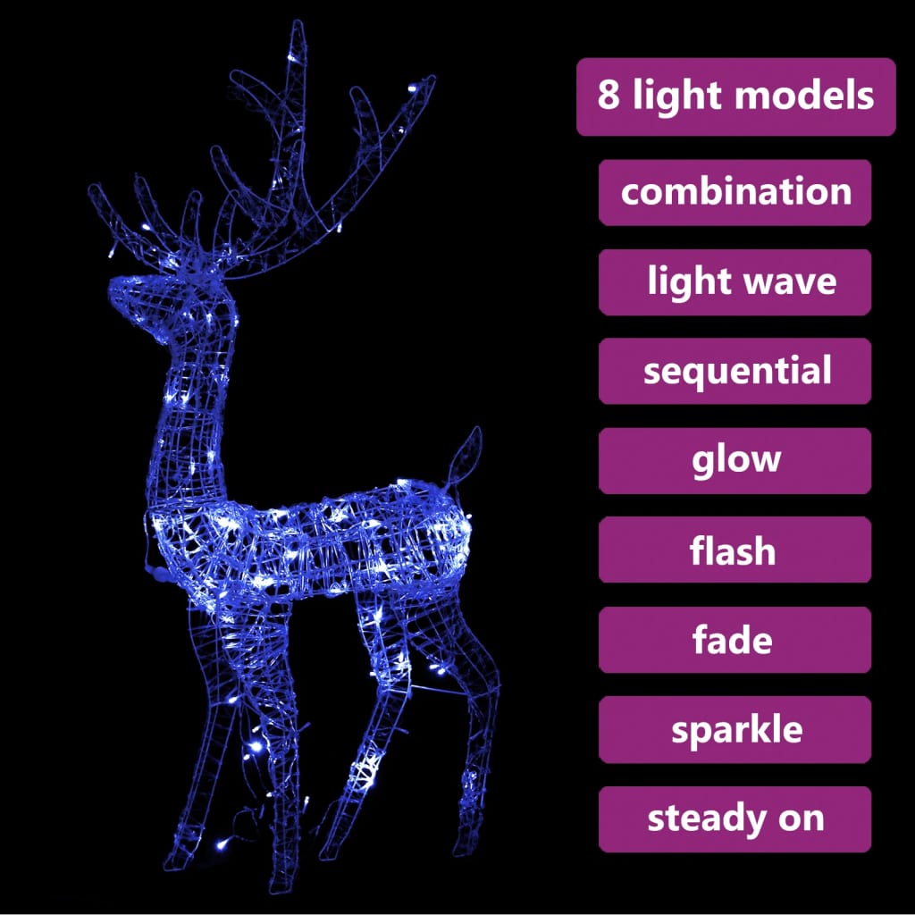 4ft acrylic reindeer Christmas decoration with 140 blue LEDs and 8 lighting modes.