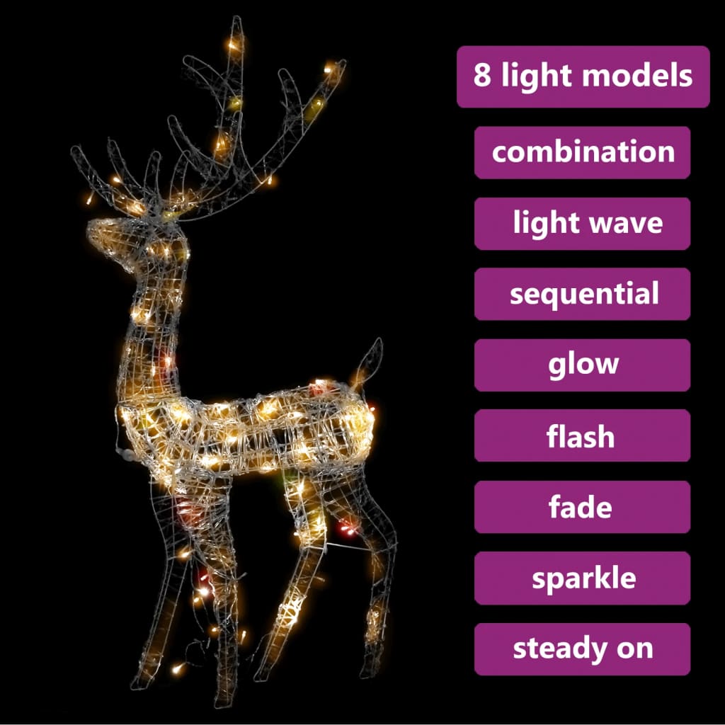 4ft acrylic reindeer Christmas decoration with 140 LEDs and 8 light modes.