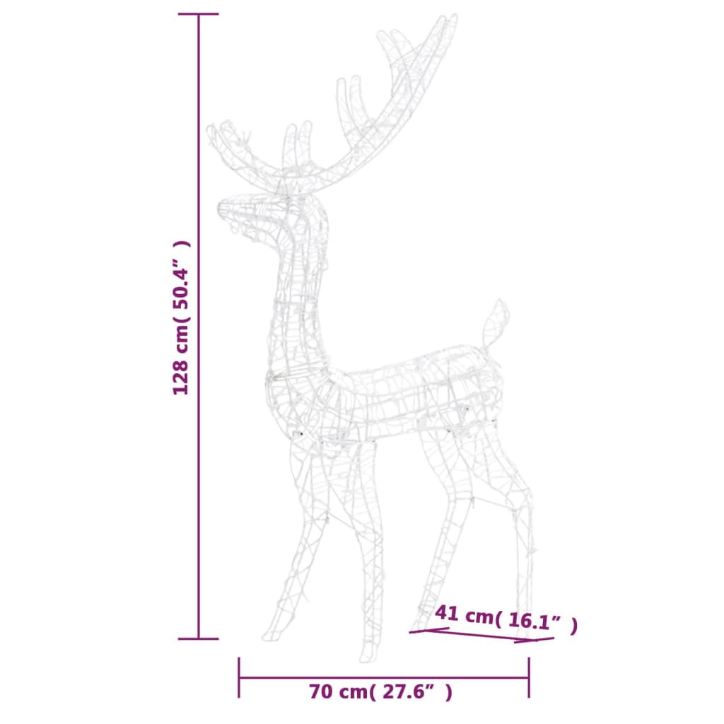 4ft acrylic reindeer Christmas decoration with 140 LEDs, dimensions 70cm wide by 128cm high.