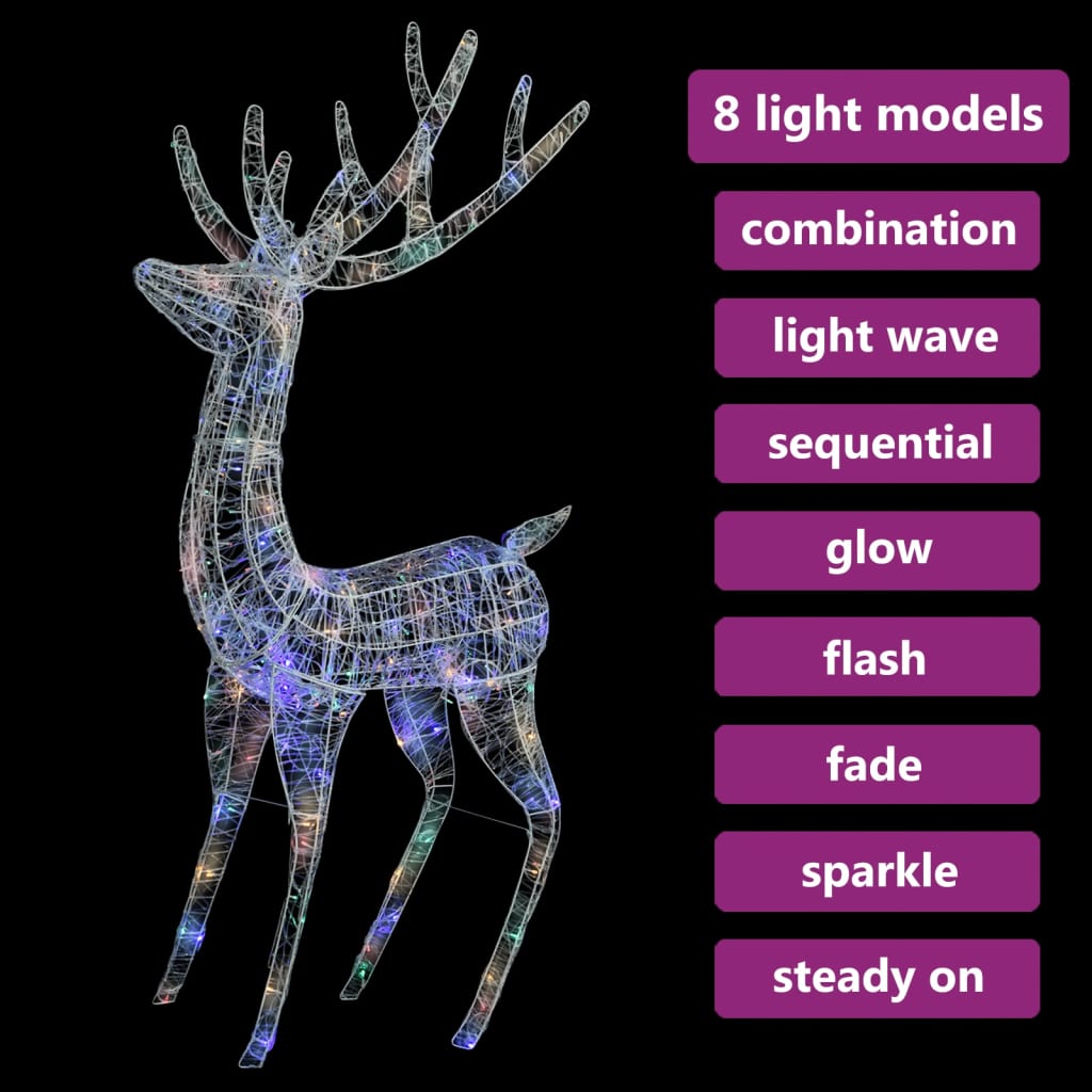 6ft acrylic Christmas reindeer with 250 colorful LEDs and 8 lighting modes on black background.