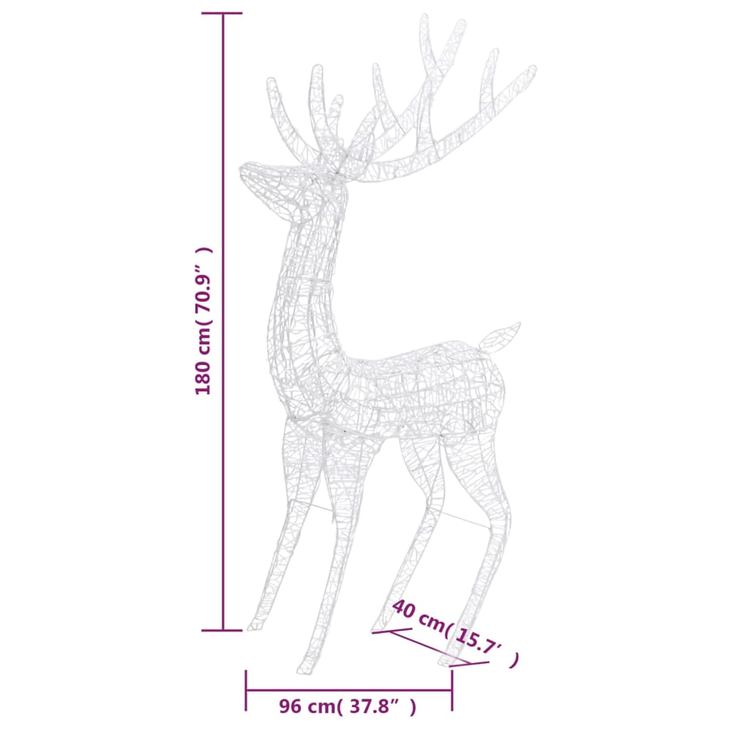 6ft acrylic Christmas reindeer with 250 colorful LEDs and size measurements.