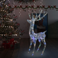 6ft acrylic Christmas reindeer with 250 colorful LEDs, standing beside a decorated tree.