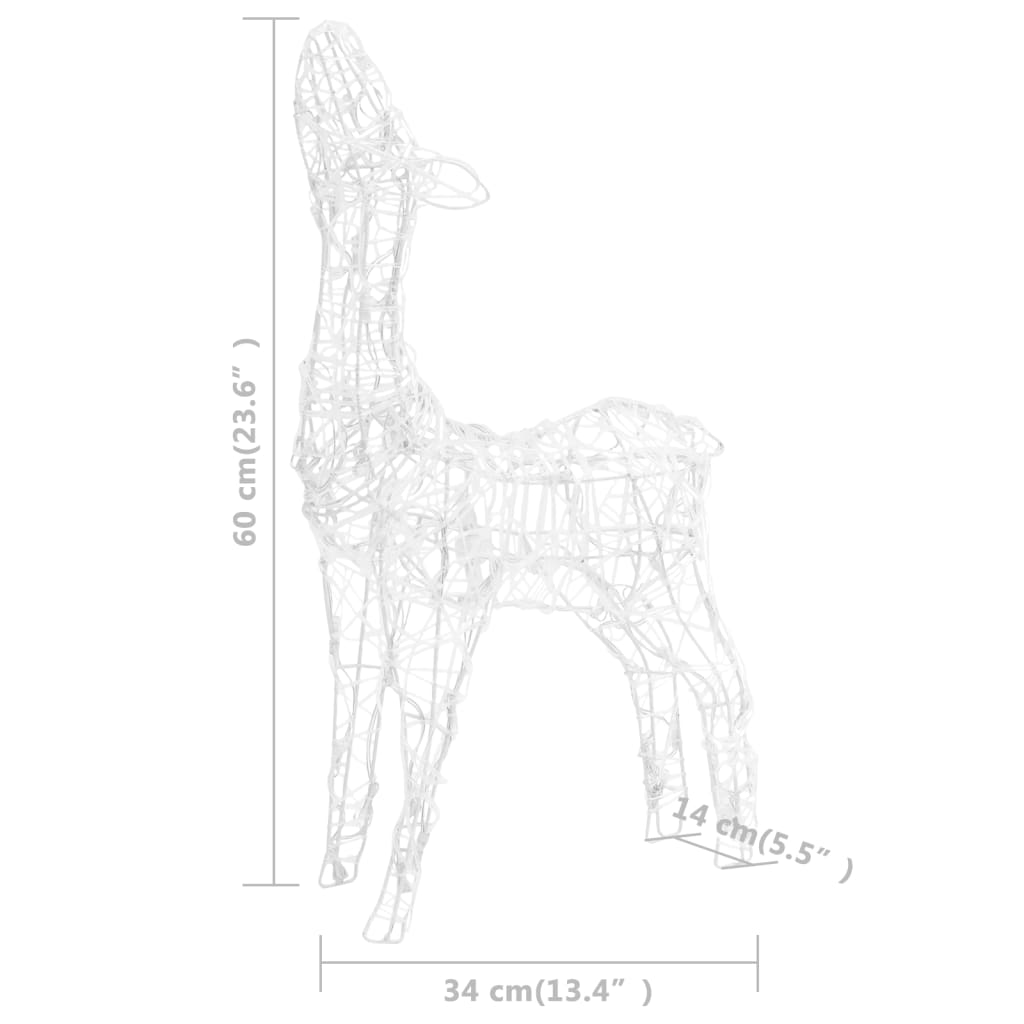 White acrylic reindeer decoration with LED lights, 60 cm tall and 34 cm wide.