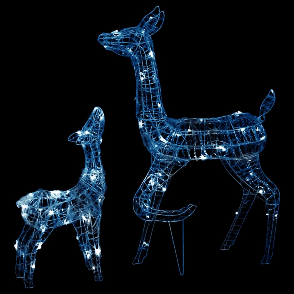 Two acrylic reindeer figures lit with 160 cold white LED lights for Christmas decor.