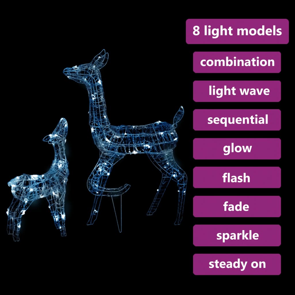 Two pre-lit acrylic reindeer in different sizes with 160 cold white LEDs and 8 lighting modes listed.