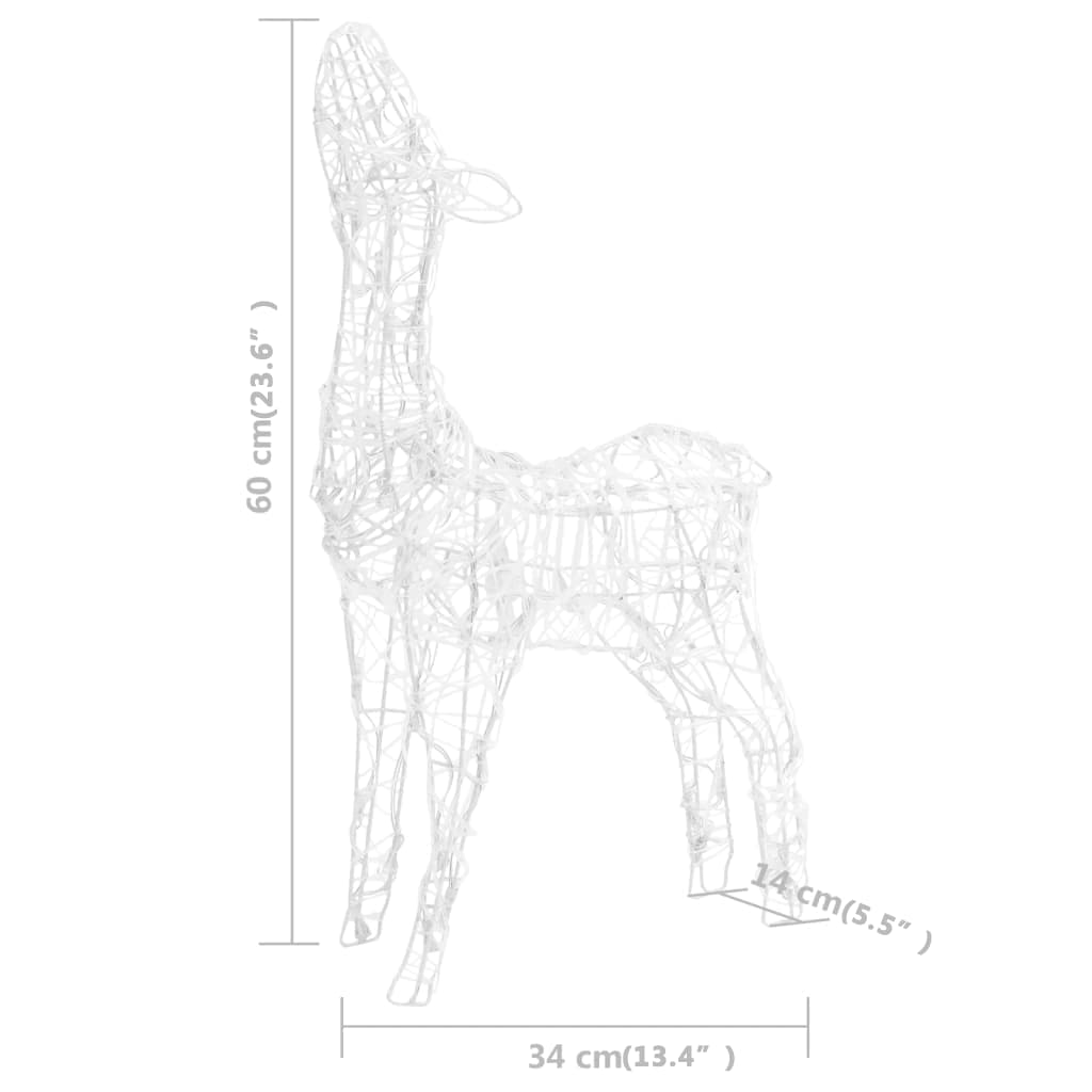 White acrylic reindeer decoration with 160 LED lights, measuring 60 cm tall and 34 cm long.