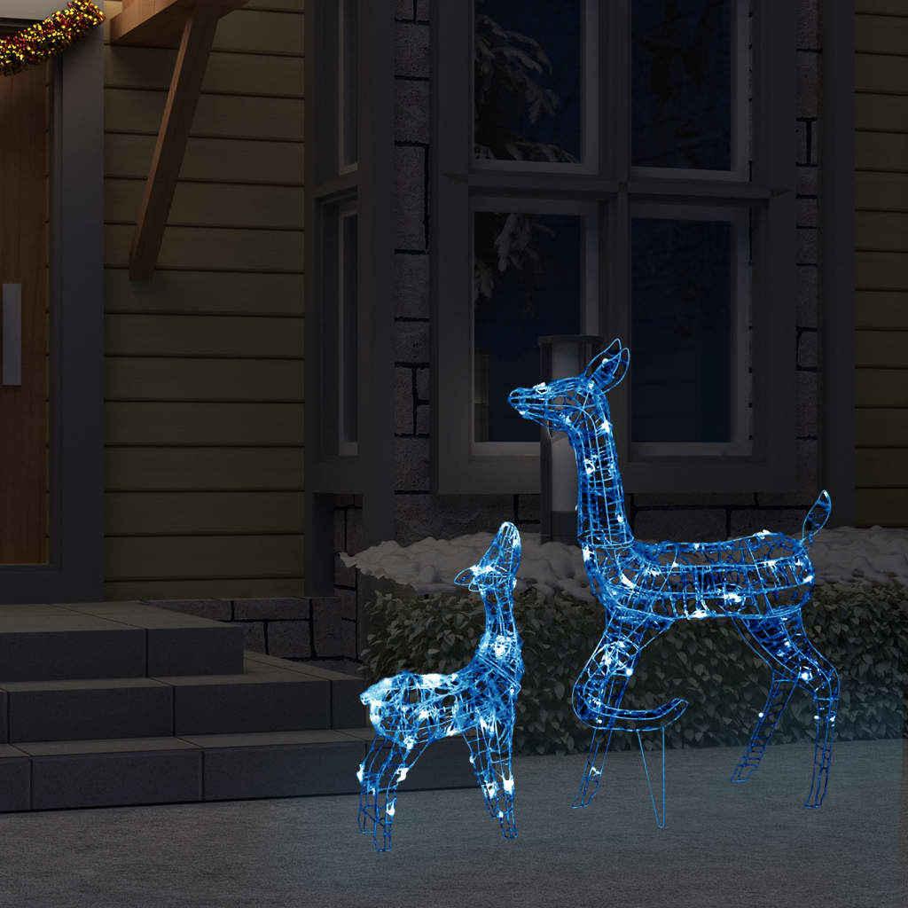 Blue LED-lit acrylic reindeer family decoration with two sizes for Christmas.