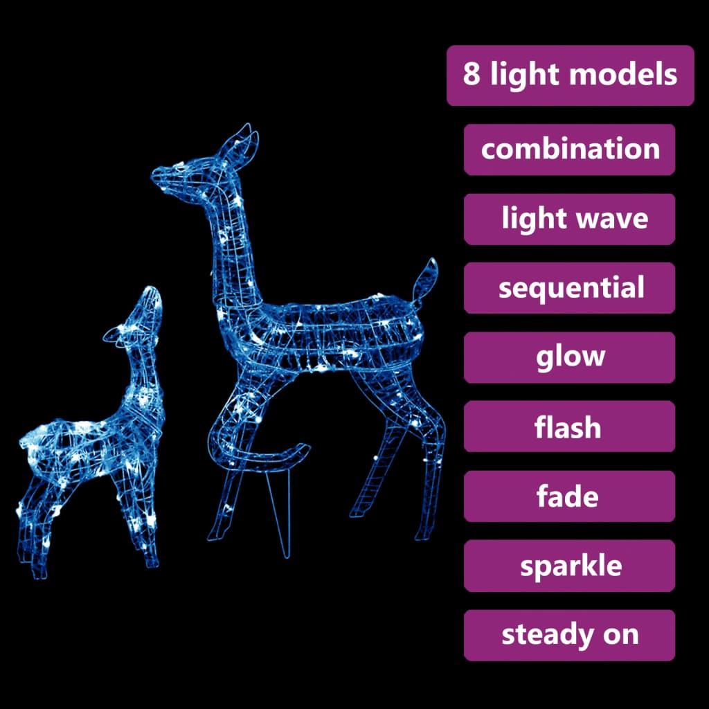 Two acrylic reindeer with 160 blue LEDs and eight light modes for Christmas decoration.