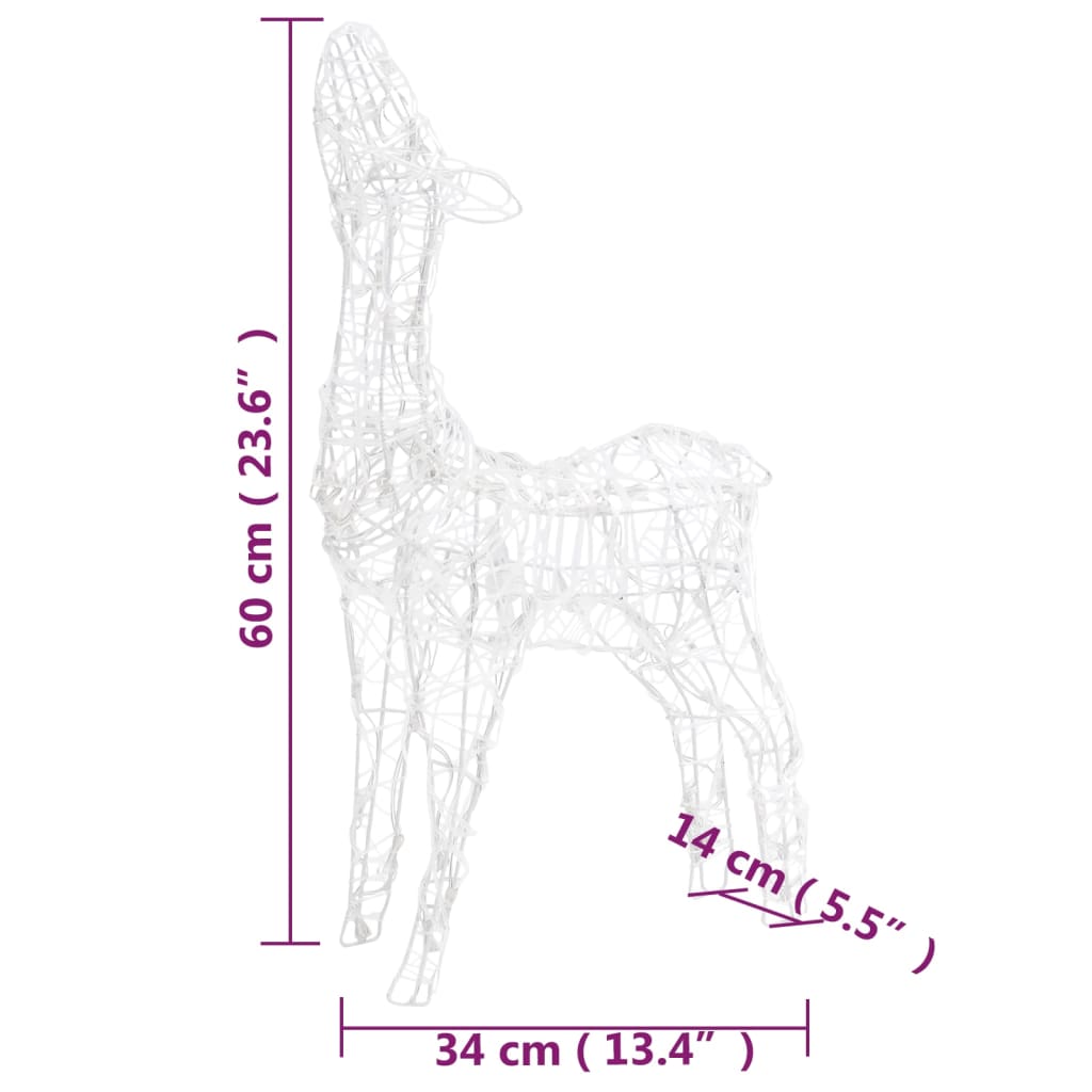 White acrylic reindeer decoration with blue LED lights, measuring 60 cm tall and 34 cm wide.