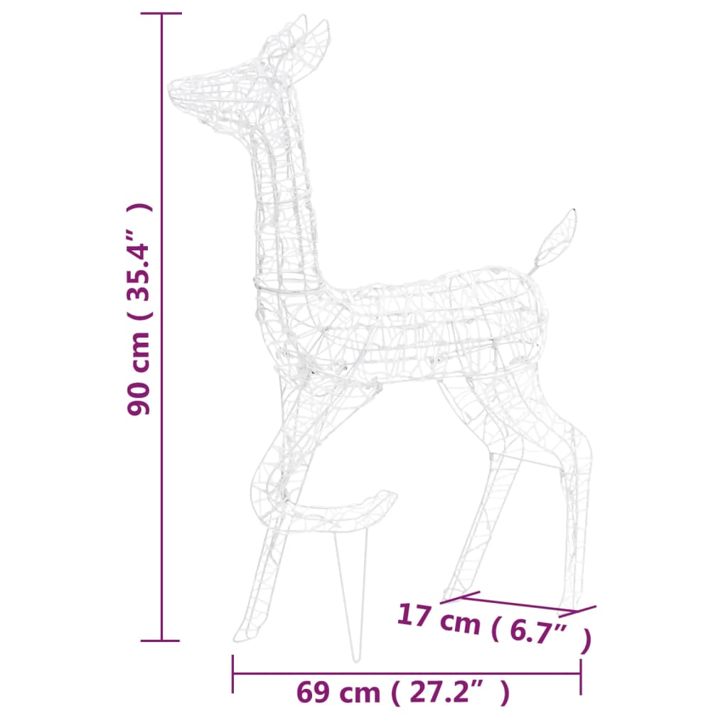 Diagram of pre-lit acrylic reindeer family decoration showing 90 cm height and 69 cm length with blue LEDs.