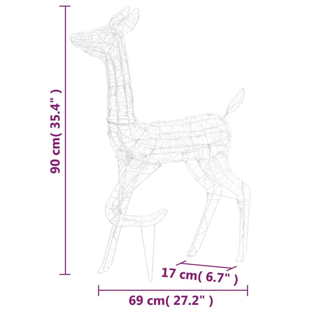 Acrylic reindeer family decoration with 160 colorful LED lights and waterproof design.