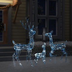 Blue LED-lit acrylic reindeer family decoration with three figures on a snowy porch.
