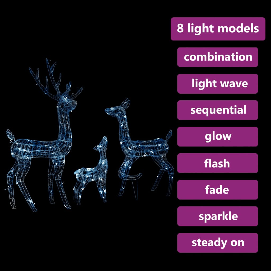 Three acrylic reindeer with 300 cold white LED lights and eight lighting modes for Christmas decor.