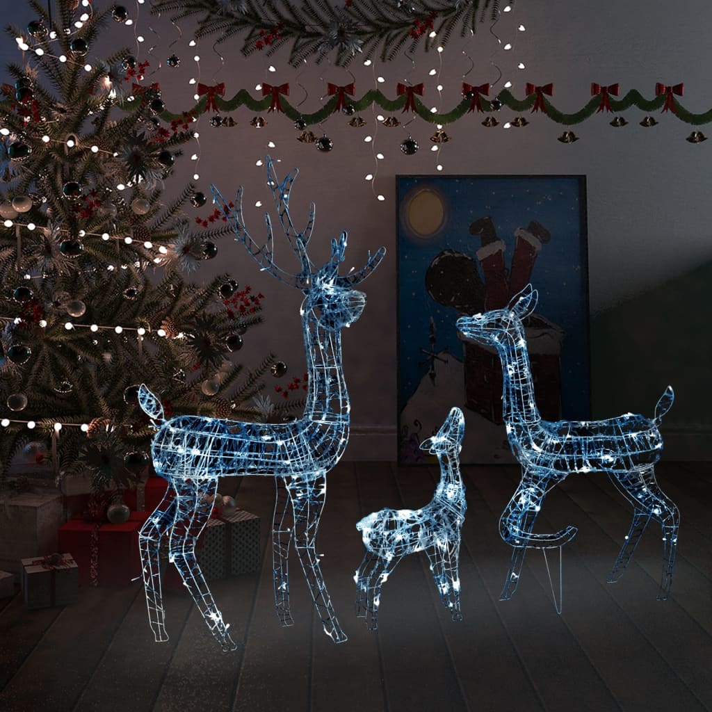 Set of three acrylic reindeer with 300 cold white LED lights for Christmas decoration.