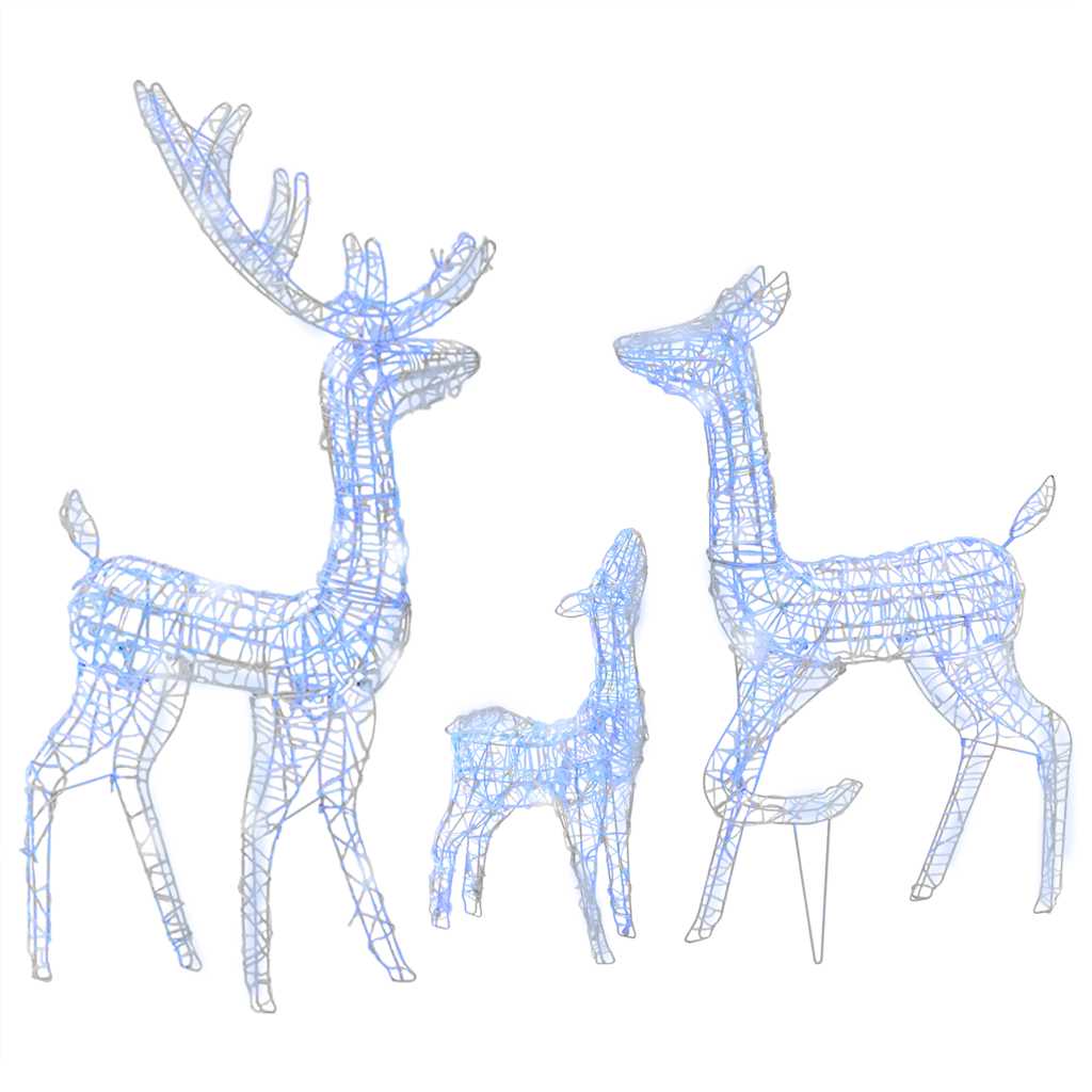 Acrylic reindeer family decoration with 300 blue LED lights in three sizes for festive displays.