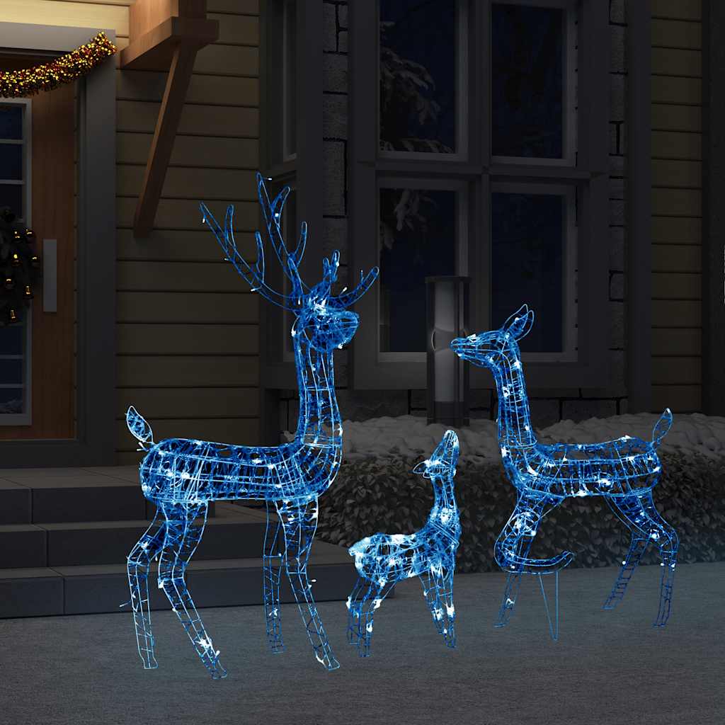 Acrylic reindeer family decoration with 300 blue LED lights in three sizes for festive displays.