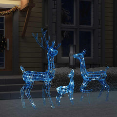 Acrylic reindeer family decoration with 300 blue LED lights in three sizes for festive displays.