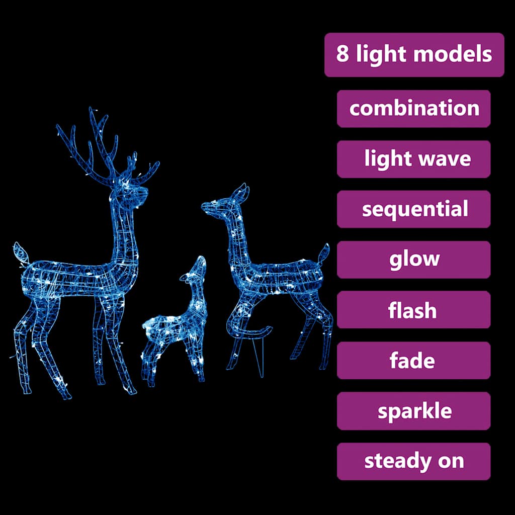 Acrylic reindeer family decoration with 300 blue LED lights in three sizes for festive displays.