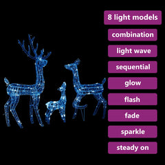 Acrylic reindeer family decoration with 300 blue LED lights in three sizes for festive displays.